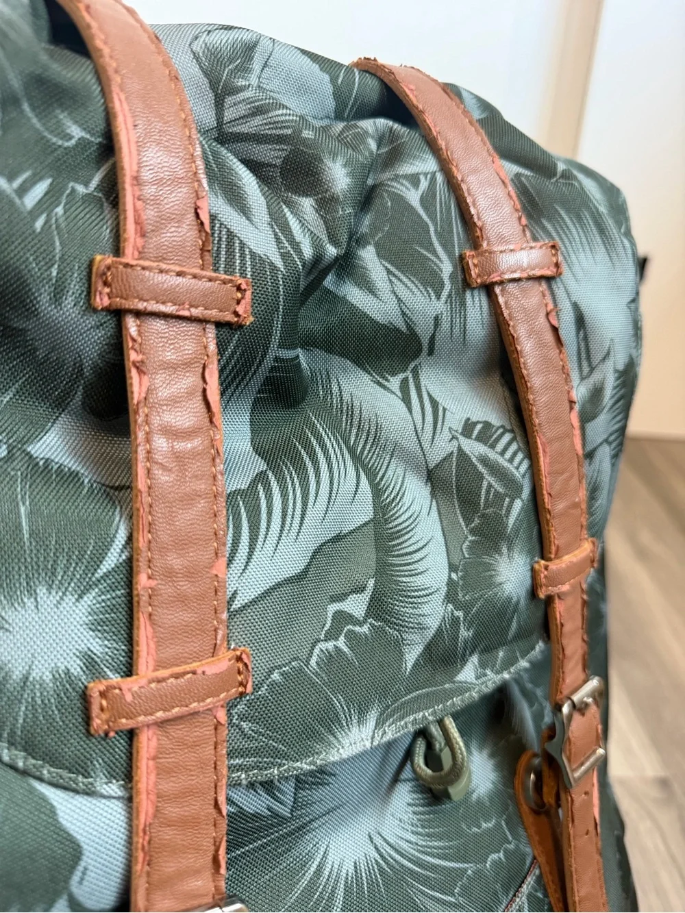 Herschel Supply Company Floral Print Backpack in Dark Green with Brown Straps